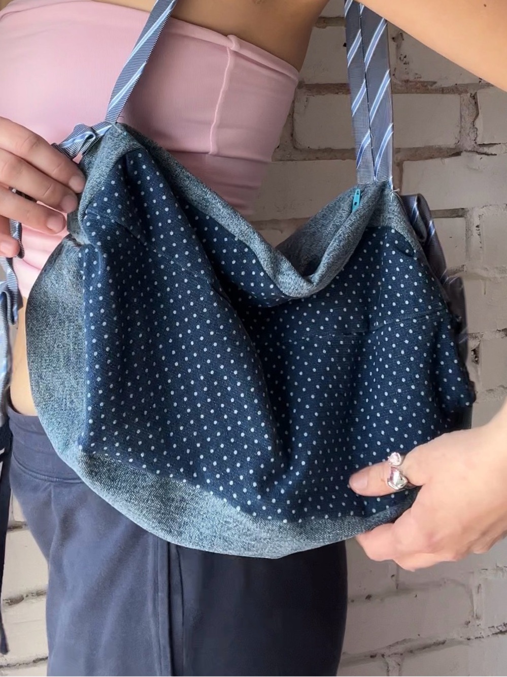 SCRAPS made from a tie & denim scraps Blue Polka Dot Shoulder Bag W zip CLOSURE
